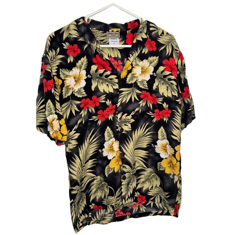 Aloha Hut Hawaiian Shirt Mens Size Large Black Red Yellow Floral Rayon